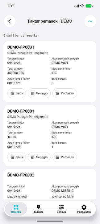 Kartu faktur pemasok: tanggal, penagih, nilai, mata uang, jatuh tempo, jumlah baris, dan tiga tombol terkait. — Cifru native, DEMO fiktif; bukan uji ERP nyata.