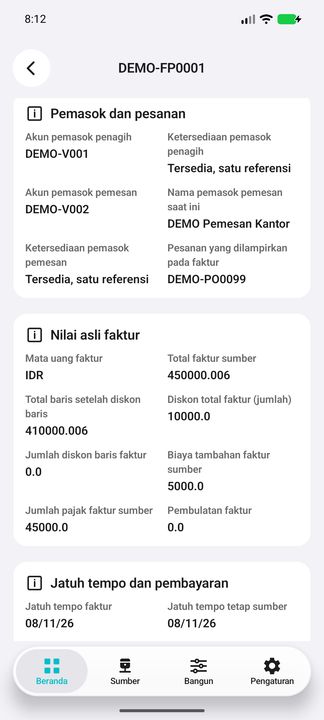 Nilai faktur, diskon, biaya, pajak, dan pembulatan tercatat; bukan perhitungan saldo belum dibayar. — Cifru native, DEMO fiktif; bukan uji ERP nyata.