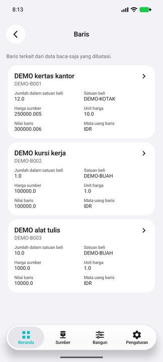 Tombol Baris membuka tiga baris faktur, dengan kuantitas, satuan, harga, pembagi harga, dan nilai. — Cifru native, DEMO fiktif; bukan uji ERP nyata.