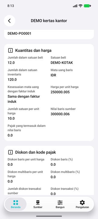 Kuantitas pembelian dan persediaan, satuan, harga sumber, pembagi harga, nilai baris, dan pajak. — Cifru native, DEMO fiktif; bukan uji ERP nyata.