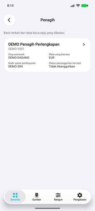 Tombol Penagih membuka pemasok penagihan saat ini, dengan mata uang bawaan EUR. — Cifru native, DEMO fiktif; bukan uji ERP nyata.