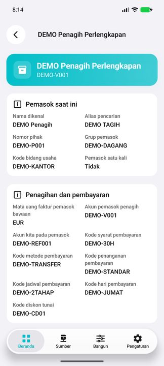 Rincian pemasok penagihan: identitas, kelompok, syarat dan metode pembayaran saat ini. — Cifru native, DEMO fiktif; bukan uji ERP nyata.