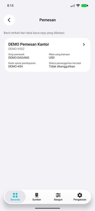 Tombol Pemesan membuka pemasok pesanan yang berbeda, dengan mata uang bawaan USD. — Cifru native, DEMO fiktif; bukan uji ERP nyata.