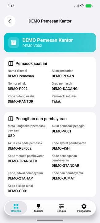 Rincian pemasok pesanan: identitas, akun penagih, syarat dan metode pembayaran saat ini. — Cifru native, DEMO fiktif; bukan uji ERP nyata.