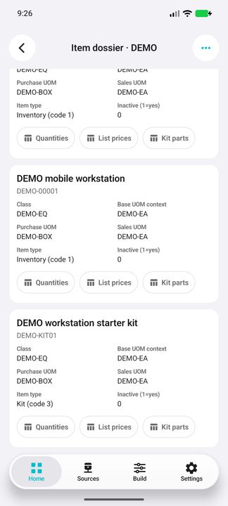 Complete inventory item and kit cards with distinct units, classification and all three native actions. — Native Cifru DEMO, entirely fictional; not a real ERP test.