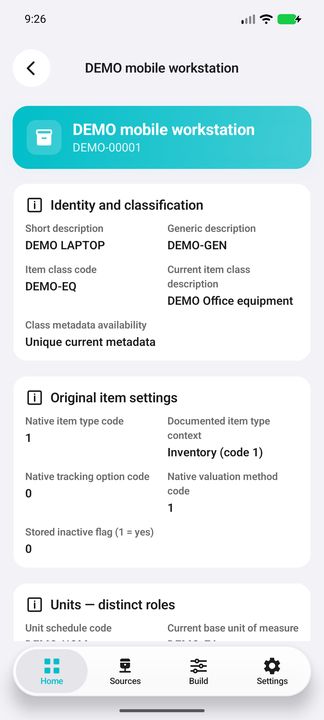 Inventory article identity, current class and original native item settings; not migration-derived inactivity. — Native Cifru DEMO, entirely fictional; not a real ERP test.