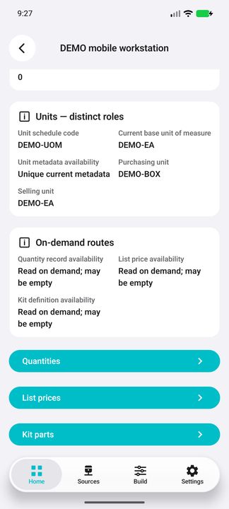 Inventory units, source-read availability states and the three on-demand actions; may legitimately have no kit parts. — Native Cifru DEMO, entirely fictional; not a real ERP test.