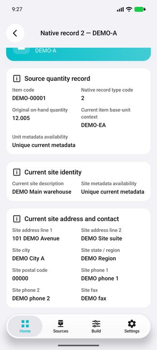 Quantity record and current site address/contact continued; missing values are not zero. — Native Cifru DEMO, entirely fictional; not a real ERP test.