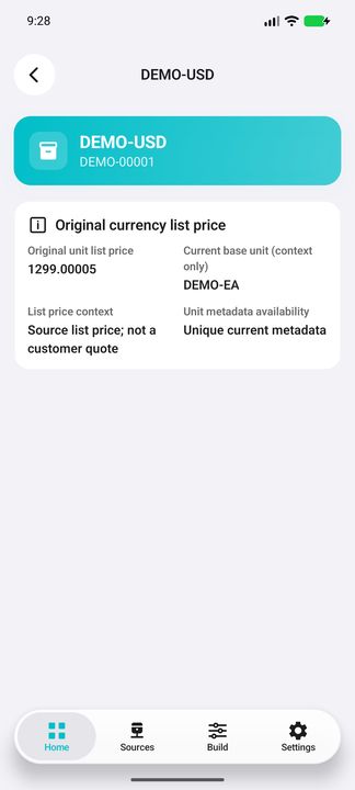 Own DEMO-USD list price retains 1299.00005 exactly; current base unit is context, not a certified pricing unit. — Native Cifru DEMO, entirely fictional; not a real ERP test.