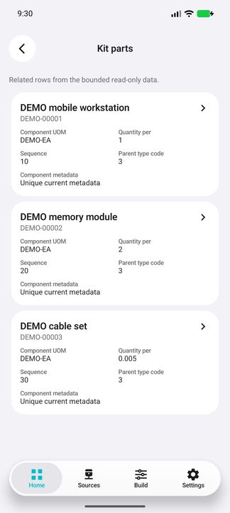 Actual IV00104-style kit components with their own units, sequence and quantities, including 0.005; not a manufacturing BOM. — Native Cifru DEMO, entirely fictional; not a real ERP test.