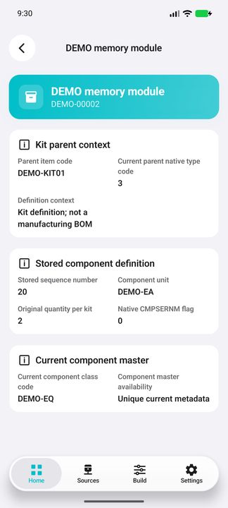 Own selected kit component: parent DEMO-KIT01, component DEMO-00002, quantity 2 and native sequence 20. — Native Cifru DEMO, entirely fictional; not a real ERP test.