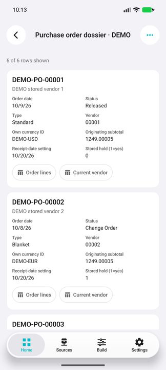 Complete purchase cards, original order currency/subtotal and both real actions; Standard and Blanket remain distinct. — Native Cifru DEMO, entirely fictional; not a real ERP test.