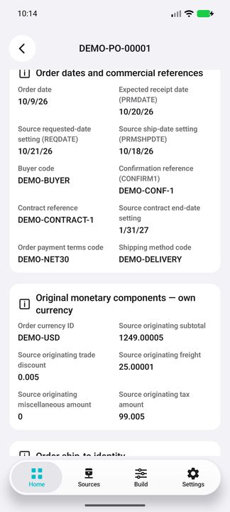 Original currency, discount/freight/miscellaneous/tax components, receipt-date setting, buyer and contract; no computed total. — Native Cifru DEMO, entirely fictional; not a real ERP test.