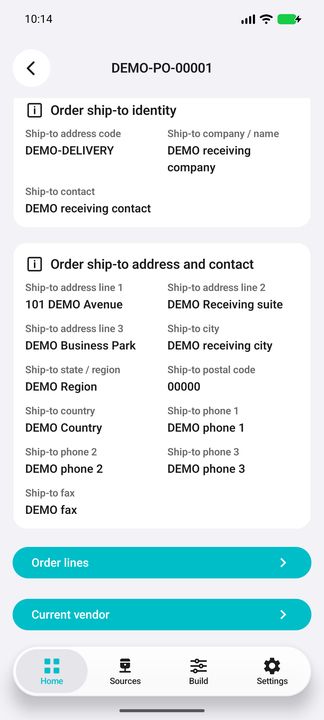 Complete order ship-to context continued and both on-demand actions: Order lines and Current vendor. — Native Cifru DEMO, entirely fictional; not a real ERP test.