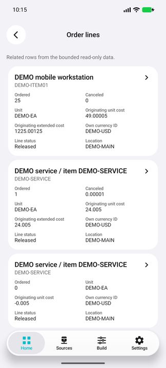 Actual selected order lines with own units, quantities, original costs/currency, status and location; no aggregate or outstanding stock. — Native Cifru DEMO, entirely fictional; not a real ERP test.