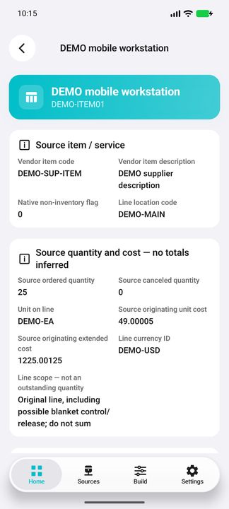 Selected line: 25 ordered, 0 canceled, original unit cost 49.00005 and extended cost 1225.00125, with its own currency. — Native Cifru DEMO, entirely fictional; not a real ERP test.