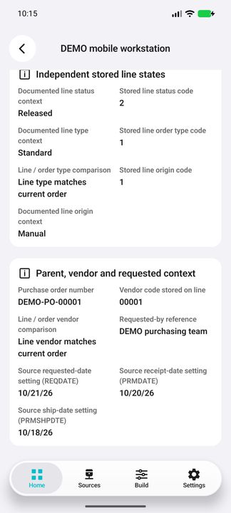 Line identity context, native origin/status and parent/vendor consistency; source codes are not silently translated into eligibility. — Native Cifru DEMO, entirely fictional; not a real ERP test.