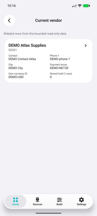 Actual current vendor reached from this order: contact, city, payment terms, default currency and independent master hold. — Native Cifru DEMO, entirely fictional; not a real ERP test.