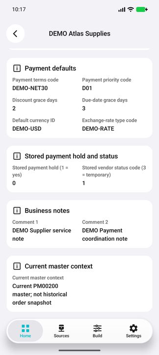 Complete current-vendor scope and binding context; account settings are current metadata, not historical order facts. — Native Cifru DEMO, entirely fictional; not a real ERP test.
