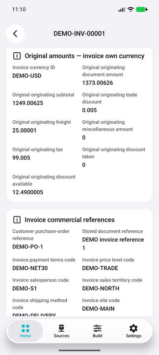 Own invoice currency and original document/subtotal/discount/freight/misc/tax components, customer PO and commercial references. — Native Cifru DEMO, entirely fictional; not a real ERP test.