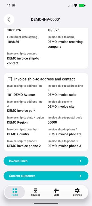 Complete invoice ship-to context continued and both on-demand actions: Invoice lines and Current customer. — Native Cifru DEMO, entirely fictional; not a real ERP test.