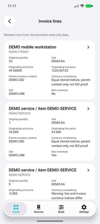 Actual historical invoice lines: units, original quantities/prices and parent currency context; deliberate adverse demo row shows index mismatch. — Native Cifru DEMO, entirely fictional; not a real ERP test.