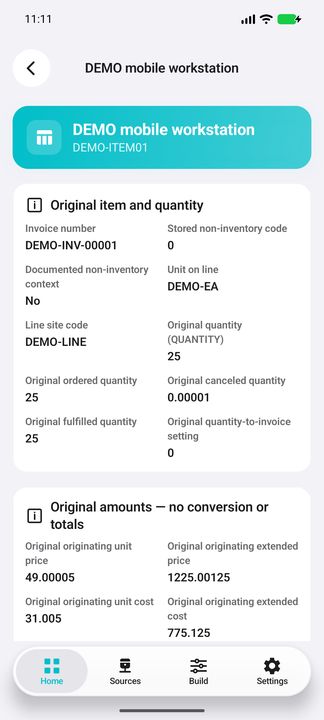Selected line: original quantity 25, unit price 49.00005, extended price 1225.00125 and native cost values; no margin or total inferred. — Native Cifru DEMO, entirely fictional; not a real ERP test.