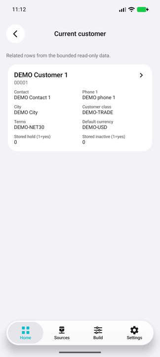 Actual current customer reached from this invoice: contact, city, class, terms, default currency and independent hold/inactive flags. — Native Cifru DEMO, entirely fictional; not a real ERP test.