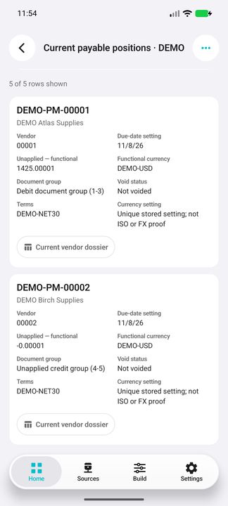 Complete current-position card: stored functional amount, due date, document group and vendor action — Native Cifru DEMO, entirely fictional; not a real ERP test.