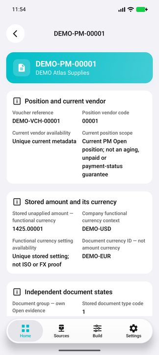 Position Details: current vendor context, exact amount and separate functional/document currencies — Native Cifru DEMO, entirely fictional; not a real ERP test.
