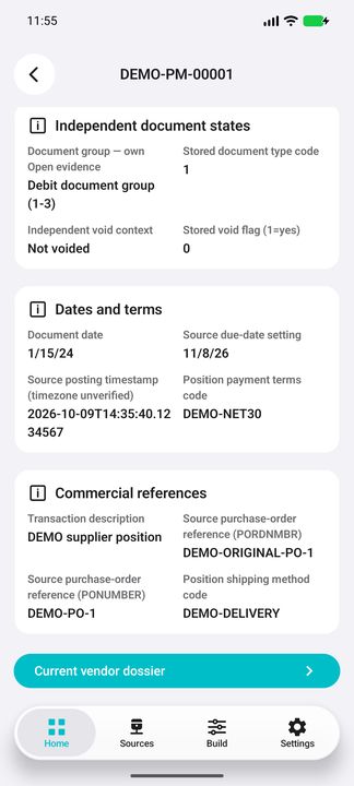 Position Details continuation: dates, distinct commercial references and current vendor button — Native Cifru DEMO, entirely fictional; not a real ERP test.