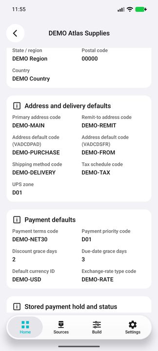 Current vendor Details continuation: delivery and payment defaults, default currency and grace days — Native Cifru DEMO, entirely fictional; not a real ERP test.