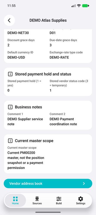 Current vendor Details continuation: payment context, notes and actual nested address-book button — Native Cifru DEMO, entirely fictional; not a real ERP test.