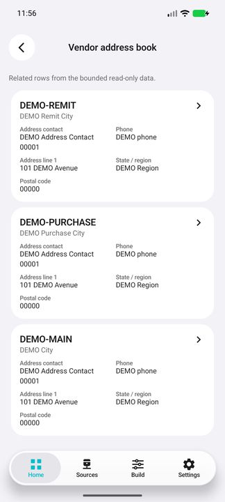 Actual nested current vendor address book with three separate address cards — Native Cifru DEMO, entirely fictional; not a real ERP test.