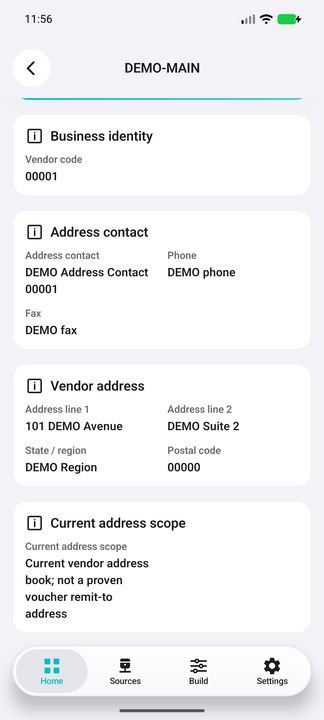 Selected address Details continuation: full contact/address context, not a voucher remit-to guarantee — Native Cifru DEMO, entirely fictional; not a real ERP test.