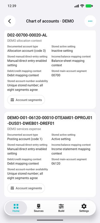 Complete posting-account card with the full stored number, independent settings and Account segments action. — Native Cifru DEMO, entirely fictional; not a real ERP test.