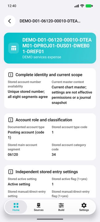 Account Details: complete identity, current context, documented type, main segment and stored category code. — Native Cifru DEMO, entirely fictional; not a real ERP test.