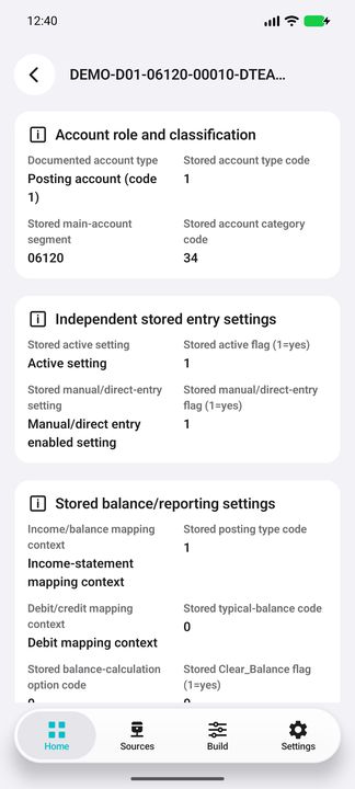 Account Details continuation: independent active/manual-entry and reporting mapping contexts. — Native Cifru DEMO, entirely fictional; not a real ERP test.