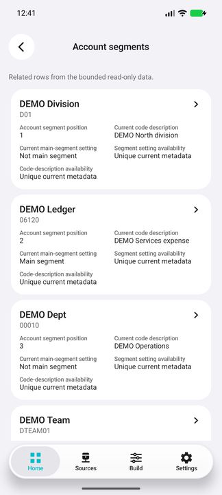 Actual lazy segment route: separate numbered codes, descriptions and current main-segment settings. — Native Cifru DEMO, entirely fictional; not a real ERP test.