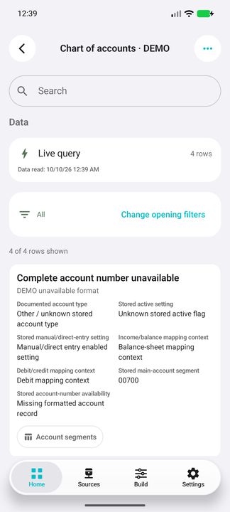 Opening results preserve a fictional account with missing formatted metadata and explain why its complete number is unavailable. — Native Cifru DEMO, entirely fictional; not a real ERP test.