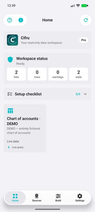 Native Pro Home before the first live read, with the fictional Chart of accounts workspace. — Native Cifru DEMO, entirely fictional; not a real ERP test.