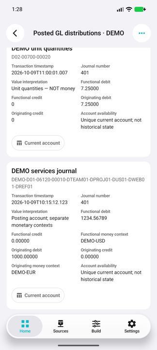 Complete selected distribution card: full account number, journal, exact timestamp and separate functional/originating values; Current account action. — Native Cifru DEMO, entirely fictional; not a real ERP test.