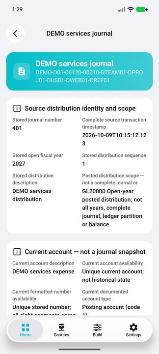 Distribution Details: complete account identity, full source timestamp, stored open-year context and sequence; not a complete journal. — Native Cifru DEMO, entirely fictional; not a real ERP test.