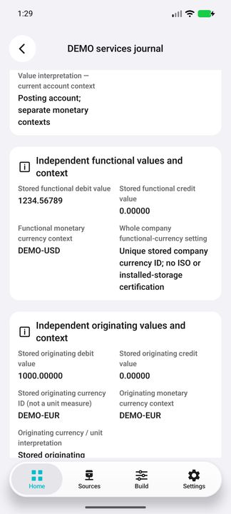 Independent stored debit/credit values: functional DEMO-USD versus originating DEMO-EUR; source decimal precision is retained. — Native Cifru DEMO, entirely fictional; not a real ERP test.