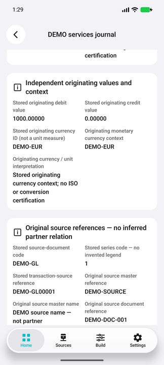 Originating-currency interpretation and original source-reference context; source master references are not inferred partner links. — Native Cifru DEMO, entirely fictional; not a real ERP test.