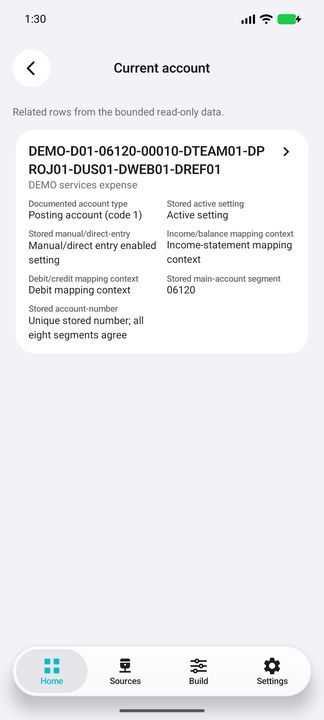 Actual Current account sub-button result: complete eight-segment account number and current account classification/settings. — Native Cifru DEMO, entirely fictional; not a real ERP test.