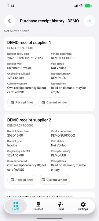 Receipt-history card with supplier document, precise source timestamp, originating subtotal, receipt currency and both on-demand routes. — Native Cifru DEMO, entirely fictional; not a real ERP test.