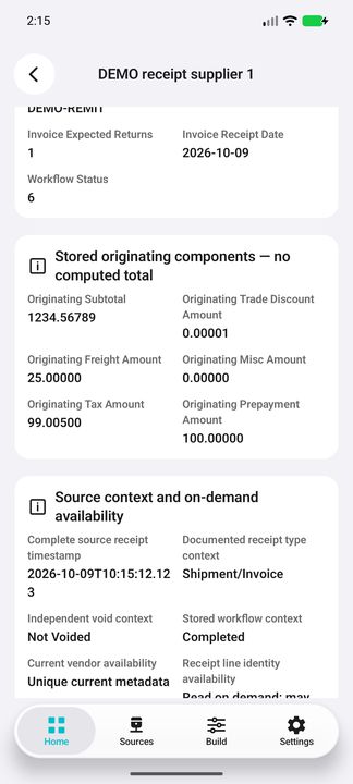 Stored originating monetary components and source context; no calculated document total. — Native Cifru DEMO, entirely fictional; not a real ERP test.