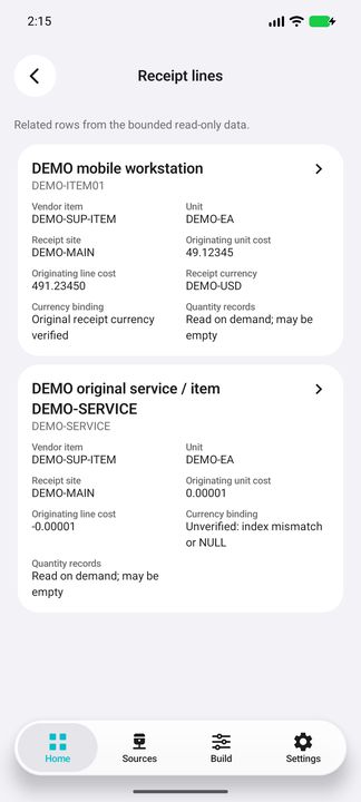 Original receipt lines, stored unit and extended costs; a currency-index mismatch is explicitly unverified. — Native Cifru DEMO, entirely fictional; not a real ERP test.