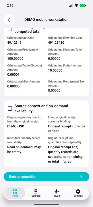 Line originating costs, original-receipt currency binding and the Receipt quantities action. — Native Cifru DEMO, entirely fictional; not a real ERP test.